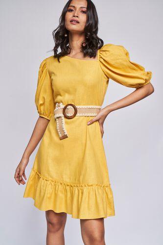 Yellow Solid Flounce Dress, Yellow, image 1